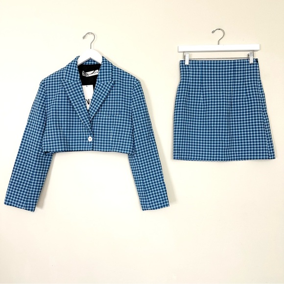 ZARA BLAZER CHECKED CROPPED LAPEL COLLAR & SKIRT - Picture 8 of 16
